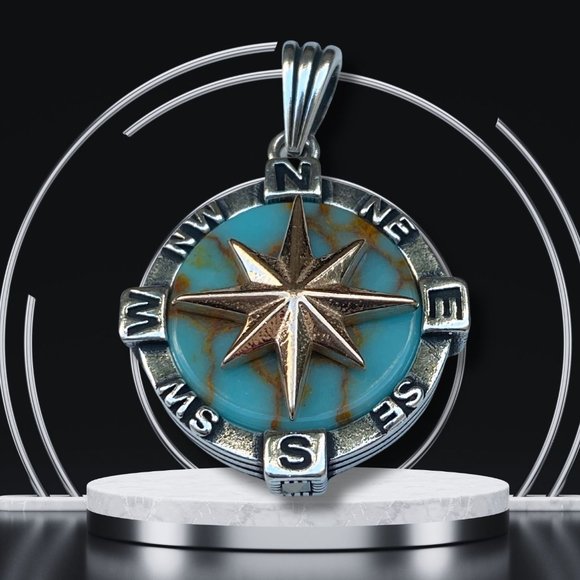 Stunning Gold Northstar Compass Pendant w/ Turquoise Accent - Unisex 925 Sterlin - Picture 6 of 8
